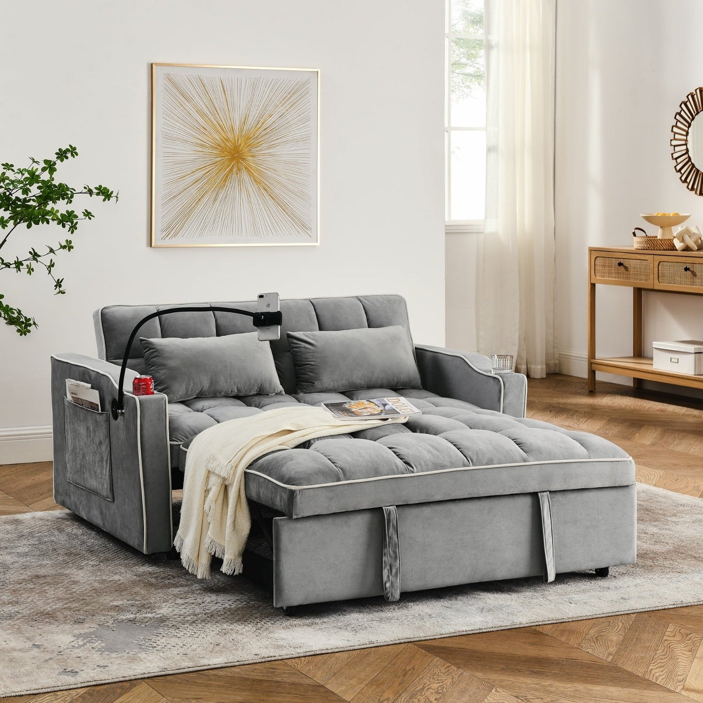 Two-seater sofa bed grey