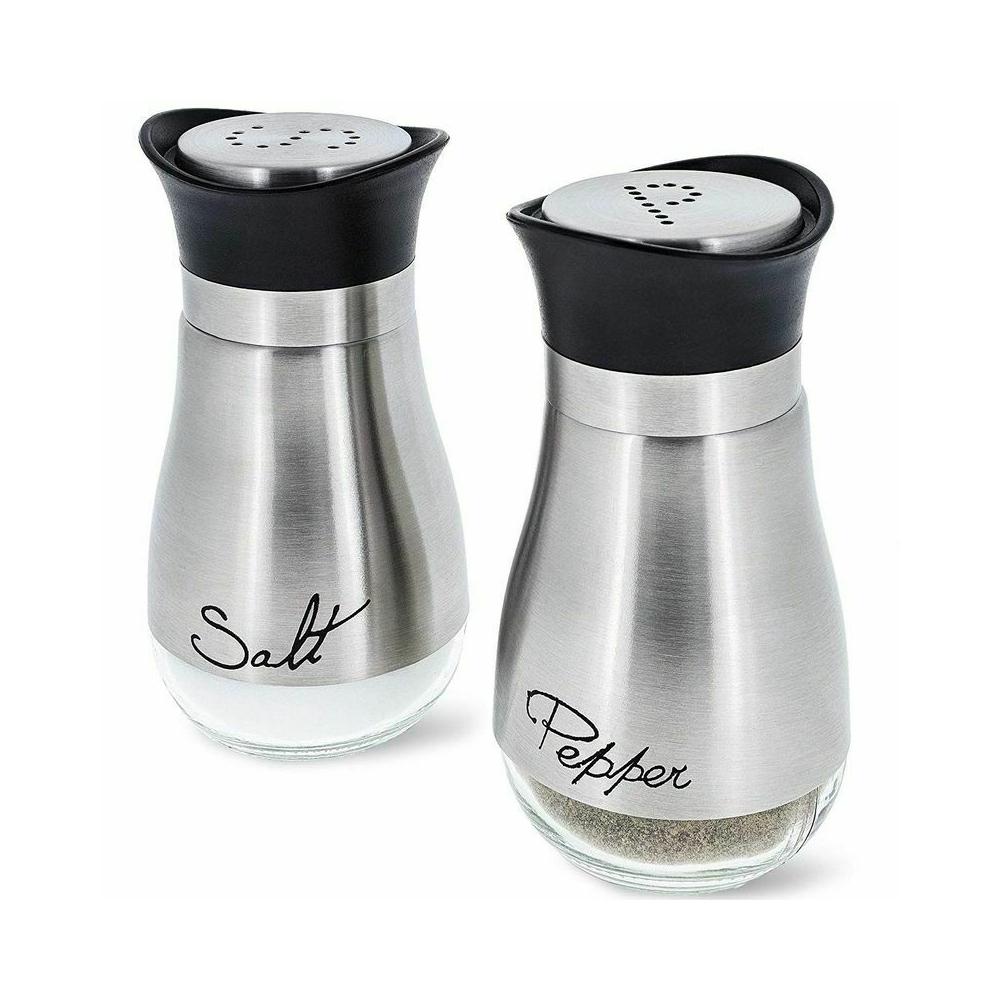Salt and pepper shaker set, stainless steel and glass 