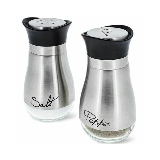 Salt and pepper shaker set, stainless steel and glass 