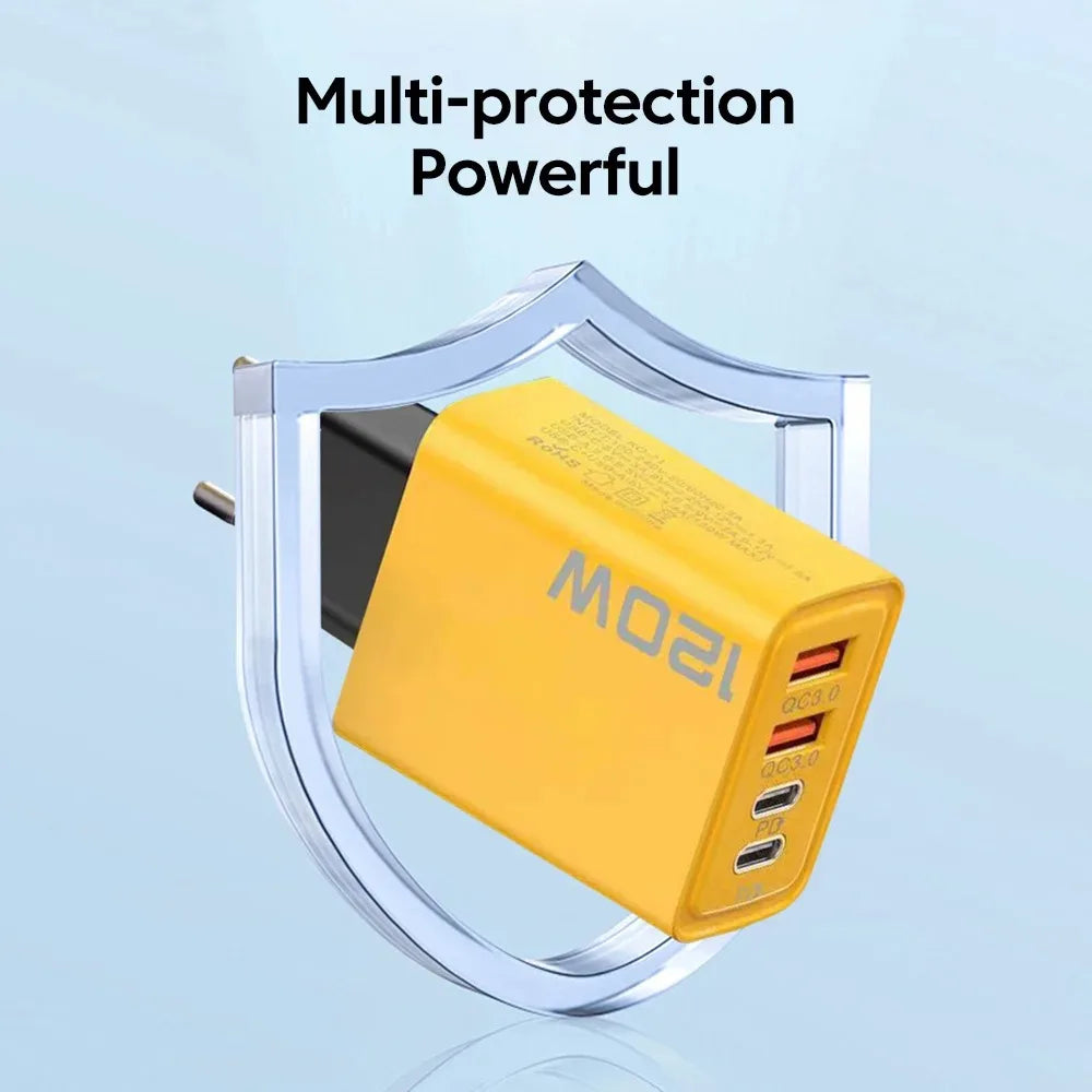 شاحن USB بأربعة منافذ إجمالي 120 وات من النوع C محول شحن سريع للهاتف المحمول 