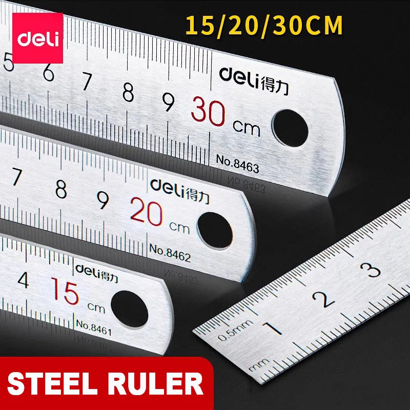Deli Stainless Steel Ruler – Straight Rulers in Three Sizes 