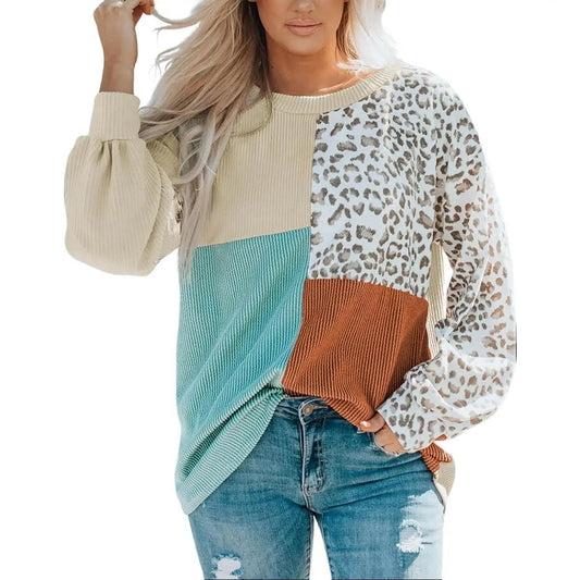 Leopard color block rib long sleeve 