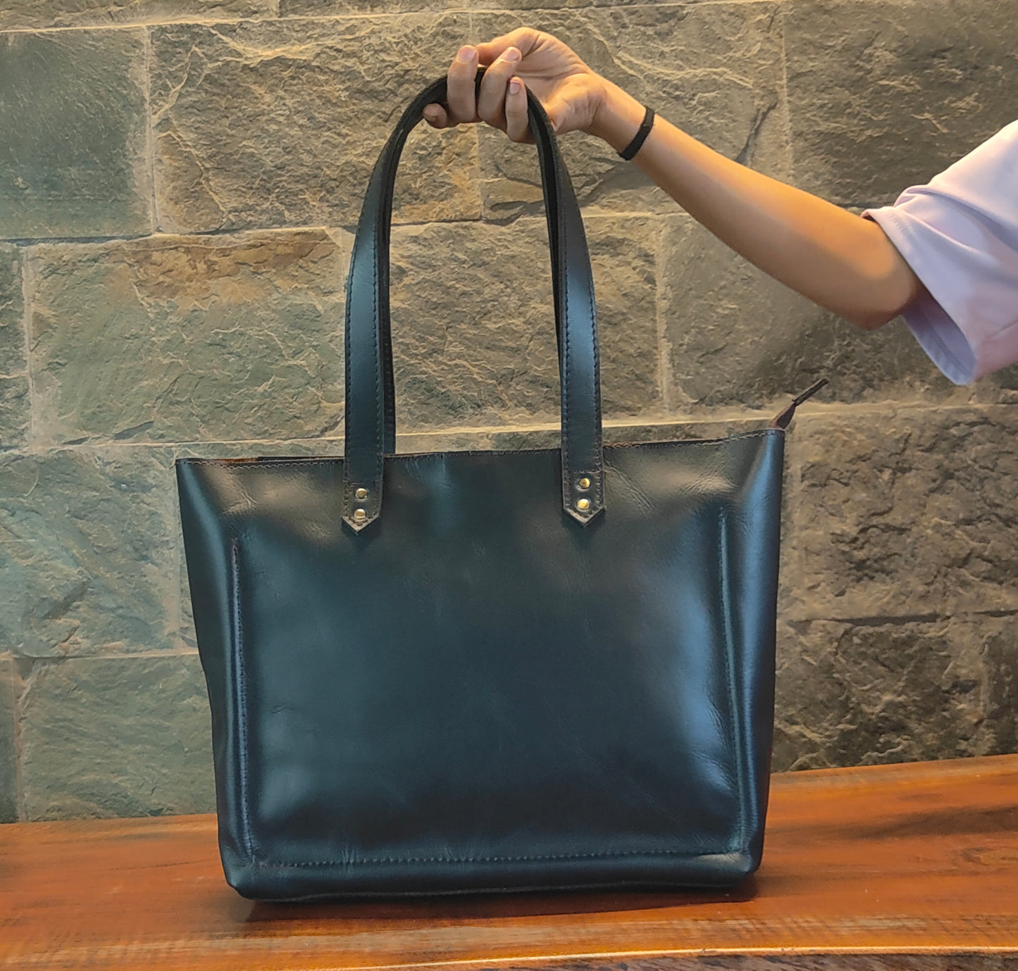Genuine Leather Tote Bag with Zipper for Women
