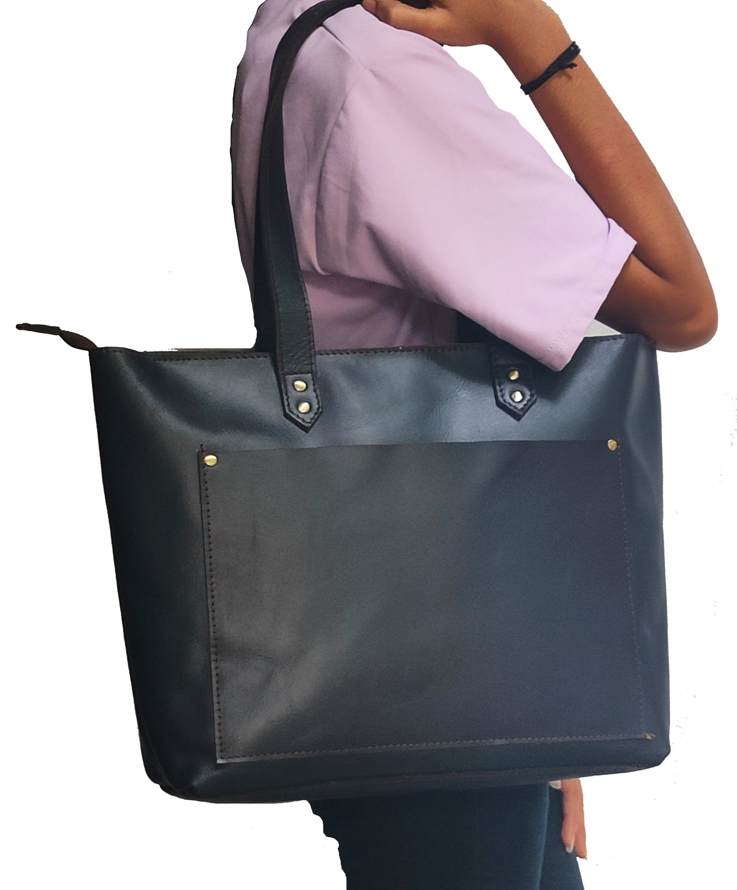 Genuine Leather Tote Bag with Zipper for Women