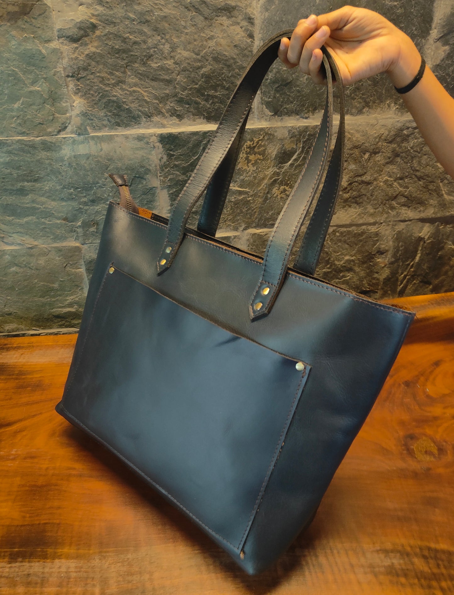 Genuine Leather Tote Bag with Zipper for Women