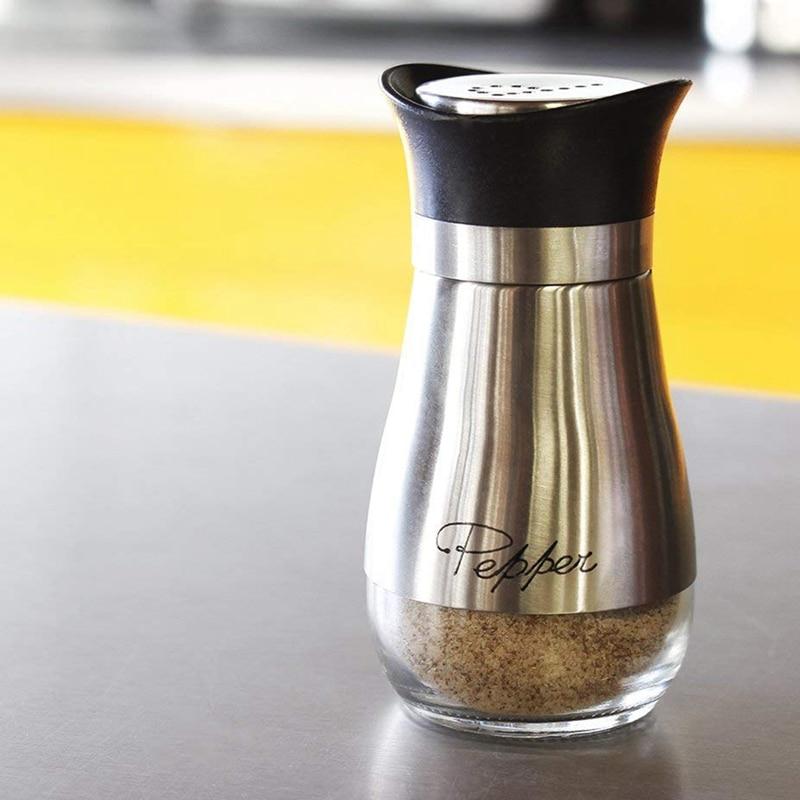 Salt and pepper shaker set, stainless steel and glass 