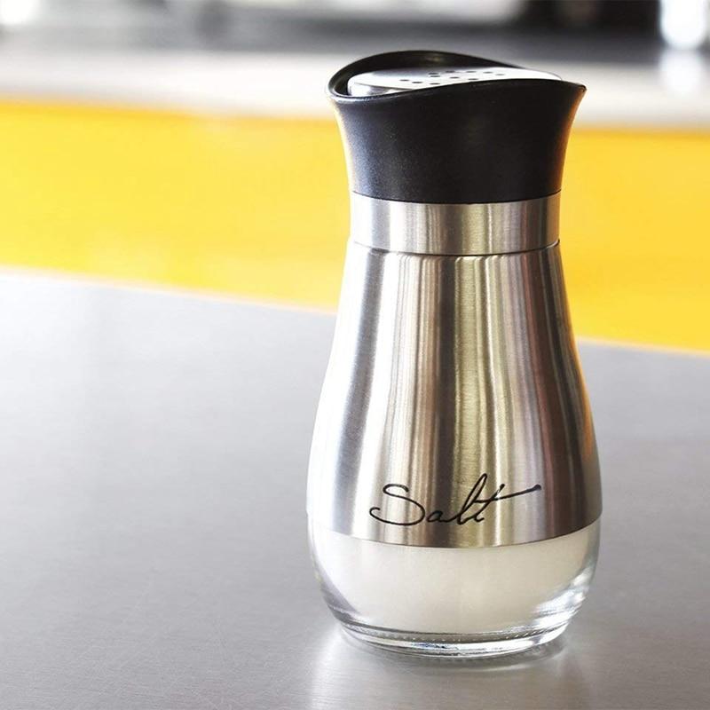 Salt and pepper shaker set, stainless steel and glass 