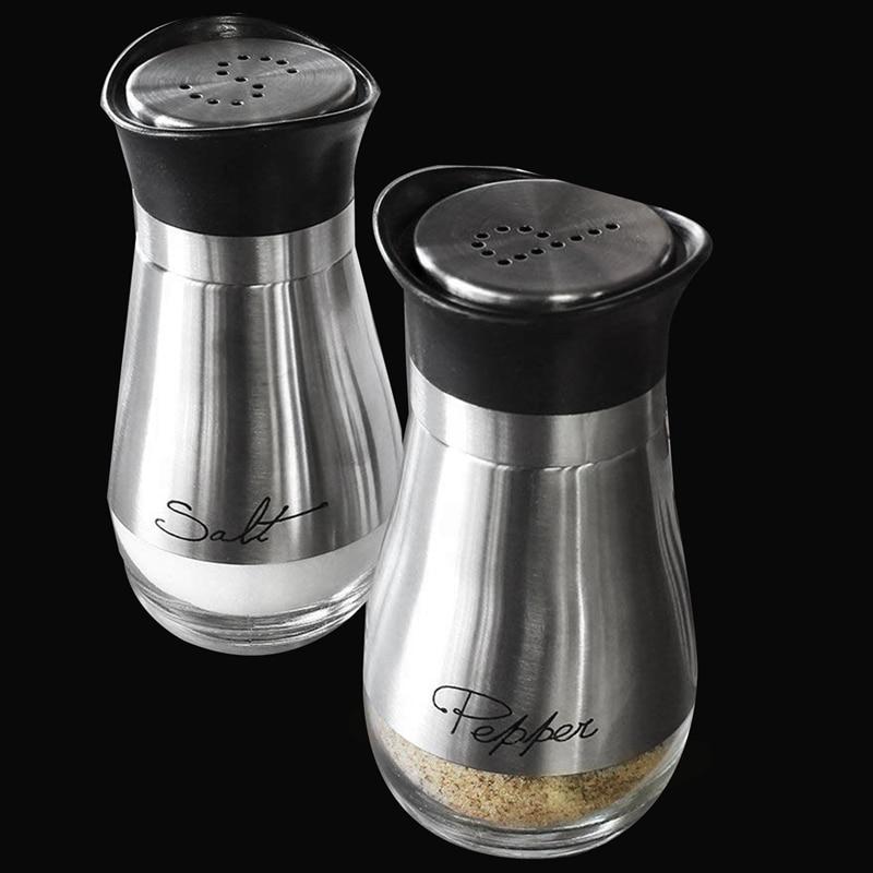 Salt and pepper shaker set, stainless steel and glass 